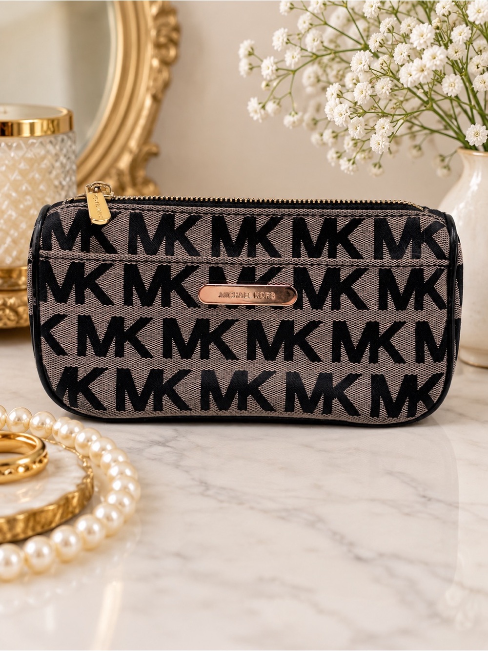 Michael Kors MK Logo Cosmetic Bag – Black & Taupe Monogram Zip Pouch